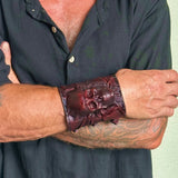 MADE TO ORDER-Handcrafted Genuine Leather Maroon Skull Design Cuff-Unisex Gift Embossed Skull-Cool Gift Leather Biker Wristband Bracelet