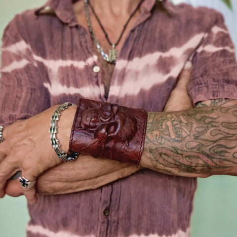 Handcrafted Genuine Dark Brown Vegetal Leather Embossed Skull Design Cuff - Unisex Gift Skull Leather Wristband-Bracelet