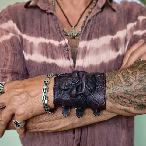 Handcrafted Genuine Black Vegetal Leather Embossed Skull Design Cuff - Unisex Gift Skull Leather Wristband-Bracelet