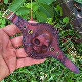 Made To Order-Small Handcrafted Genuine Brown Vegetal Leather Embossed Skull Design Cuff, Cool Gift Skull Leather Bracelet-Biker's Wristband