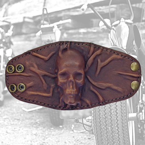 Unique Handcrafted Genuine Vegetal Leather Dark Brown Skull Design Cuff , Unisex Gift Embossed Skull Leather Bracelet