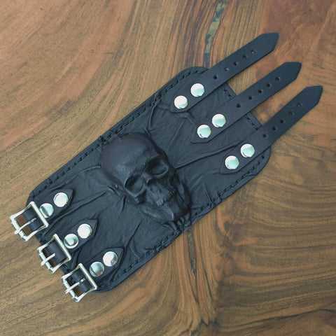 MADE TO ORDER - Handcrafted Genuine Black Vegetal Leather Embossed Skull Design Cuff - Unisex Gift Skull Leather Wristband-Bracelet