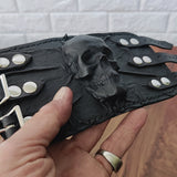 MADE TO ORDER - Handcrafted Genuine Black Vegetal Leather Embossed Skull Design Cuff - Unisex Gift Skull Leather Wristband-Bracelet