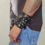 Made To Order-Handcrafted Big Black Genuine Leather Embossed Skull Design Cuff, Cool Unique Gift Chrome Eyelet Bracelet-Biker's Wristband