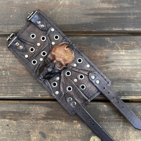 MADE TO ORDER- Handcrafted Rustic Color Genuine Leather Bracelet with Rivets Embossed Skull Design Band with Studs Unisex Gift  Biker's