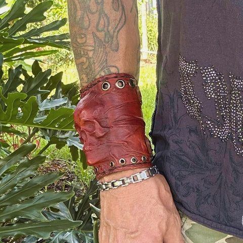 Made To Order-Handcrafted Genuine Tan Colored Leather Embossed Skull Design Cuff, Cool Lifestyle Gift Skull Leather Bracelet-Biker's Wristband