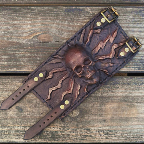 Handcrafted Rustic Color Genuine Leather Bracelet with Rivets Embossed Skull Design Band with Studs Unisex Gift  Biker's