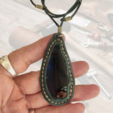 Bohemian Handcrafted Genuine Vegetal Green Leather Necklace with Black Agate Stone-Lifestyle Unique Gift Unisex Fashion Leather Jewelry