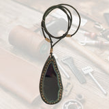 Bohemian Handcrafted Genuine Vegetal Green Leather Necklace with Black Agate Stone-Lifestyle Unique Gift Unisex Fashion Leather Jewelry