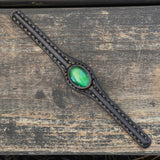 Handcrafted Black Color Genuine Leather Bracelet with Green Cat's Eye Stone Setting-Lifestyle Gift Fashion Jewelry Cuff Bangle