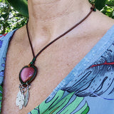 Handcrafted Genuine Vegetal Leather Heart Necklace with Pink Cat Eye Stone-Lifestyle Unique Gift Unisex Fashion Leather Jewelry