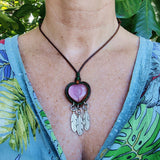 Handcrafted Genuine Vegetal Leather Heart Necklace with Pink Cat Eye Stone-Lifestyle Unique Gift Unisex Fashion Leather Jewelry