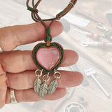 Handcrafted Genuine Vegetal Leather Heart Necklace with Pink Cat Eye Stone-Lifestyle Unique Gift Unisex Fashion Leather Jewelry