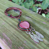 Handcrafted Genuine Vegetal Leather Heart Necklace with Pink Cat Eye Stone-Lifestyle Unique Gift Unisex Fashion Leather Jewelry