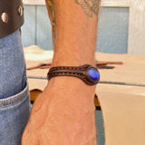 Handcrafted Genuine Green Vegetal Leather Bracelet with Blue Cat Eye Stone Setting-Unisex Gift-Fashion Jewelry Cuff