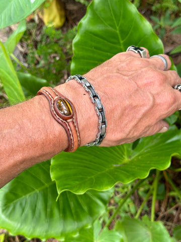 Bohemian Unique Handcrafted Vegetal Brown Leather Bracelet with Tiger's Eye Stone-Unisex Gift Fashion Jewelry-Adjustable Wristband Cuff