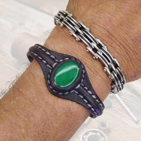 Boho Handcrafted Genuine Vegetal Black Leather Bracelet with Green Agate Stone-Unisex Gift Fashion Jewelry Cuff