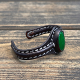 Boho Handcrafted Genuine Vegetal Black Leather Bracelet with Green Agate Stone-Unisex Gift Fashion Jewelry Cuff