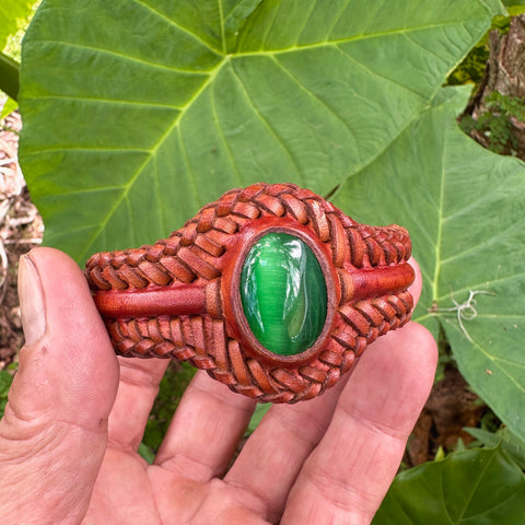 Unique Handcrafted Colored Vegetal Brown Braided Leather Bracelet with Green Cat Eye Stone Setting-Unique Gift Fashion Jewelry Cuff-Wristband