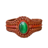 Unique Handcrafted Colored Vegetal Brown Braided Leather Bracelet with Green Cat Eye Stone Setting-Unique Gift Fashion Jewelry Cuff-Wristband