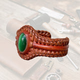 Unique Handcrafted Colored Vegetal Brown Braided Leather Bracelet with Green Cat Eye Stone Setting-Unique Gift Fashion Jewelry Cuff-Wristband