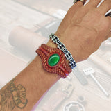 Unique Handcrafted Colored Vegetal Brown Braided Leather Bracelet with Green Cat Eye Stone Setting-Unique Gift Fashion Jewelry Cuff-Wristband