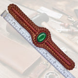 Unique Handcrafted Colored Vegetal Brown Braided Leather Bracelet with Green Cat Eye Stone Setting-Unique Gift Fashion Jewelry Cuff-Wristband