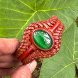 Unique Handcrafted Colored Vegetal Brown Braided Leather Bracelet with Green Cat Eye Stone Setting-Unique Gift Fashion Jewelry Cuff-Wristband