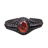 Boho Handcrafted Genuine Vegetal Black Leather Bracelet with Red Agate Stone-Unisex Gift Fashion Jewelry Cuff