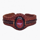 Bohemian Handcrafted Braided Brown Genuine Vegetal Leather Bracelet with Red Agate Stone Setting-Unisex Gift Fashion Jewelry Cuff Wristband