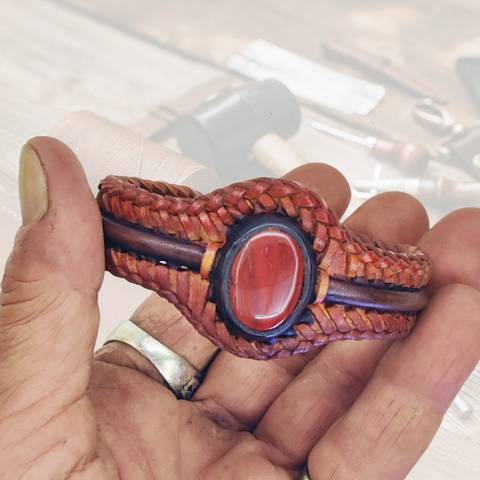 Bohemian Handcrafted Braided Brown Genuine Vegetal Leather Bracelet with Red Agate Stone Setting-Unisex Gift Fashion Jewelry Cuff Wristband