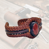 Bohemian Handcrafted Braided Brown Genuine Vegetal Leather Bracelet with Red Agate Stone Setting-Unisex Gift Fashion Jewelry Cuff Wristband