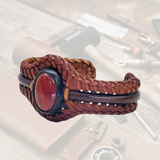 Bohemian Handcrafted Braided Brown Genuine Vegetal Leather Bracelet with Red Agate Stone Setting-Unisex Gift Fashion Jewelry Cuff Wristband