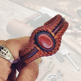 Bohemian Handcrafted Braided Brown Genuine Vegetal Leather Bracelet with Red Agate Stone Setting-Unisex Gift Fashion Jewelry Cuff Wristband