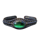 Handcrafted Black Color Genuine Leather Bracelet with Green Cat's Eye Stone Setting-Lifestyle Gift Fashion Jewelry Cuff Bangle