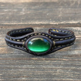 Handcrafted Black Color Genuine Leather Bracelet with Green Cat's Eye Stone Setting-Lifestyle Gift Fashion Jewelry Cuff Bangle