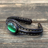 Handcrafted Black Color Genuine Leather Bracelet with Green Cat's Eye Stone Setting-Lifestyle Gift Fashion Jewelry Cuff Bangle