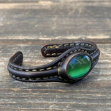 Handcrafted Black Color Genuine Leather Bracelet with Green Cat's Eye Stone Setting-Lifestyle Gift Fashion Jewelry Cuff Bangle