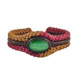 Unique Handcrafted Colored Vegetal Brown Braided Leather Bracelet with Green Cat Eye Stone Setting-Unique Gift Fashion Jewelry Cuff-Wristband