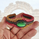 Unique Handcrafted Colored Vegetal Braided Leather Bracelet with Green Cat Eye Stone Setting-Unique Gift Fashion Jewelry Cuff-Wristband