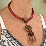 Handcrafted Genuine Leather Jewelry-Necklace-Choker for women-gift idea-green agate stone hippie-life style necklace