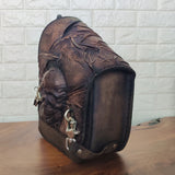 Handcrafted Rustic Brown Vegetal Leather Embossed Large Skull Motorcycle Left Side Saddle Bag-Softail-Universal Swingarm Bag.