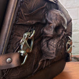 Handcrafted Rustic Brown Vegetal Leather Embossed Large Skull Motorcycle Left Side Saddle Bag-Softail-Universal Swingarm Bag.