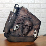 Handcrafted Rustic Brown Vegetal Leather Embossed Large Skull Motorcycle Left Side Saddle Bag-Softail-Universal Swingarm Bag.