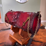 Made To Order-Handcrafted Leather Genuine Red Tool Bag With Embossed Skull Design-Harley Davidson and Universal Motorcycle Bag