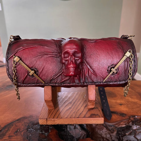 Made To Order-Handcrafted Leather Genuine Red Tool Bag With Embossed Skull Design-Harley Davidson and Universal Motorcycle Bag