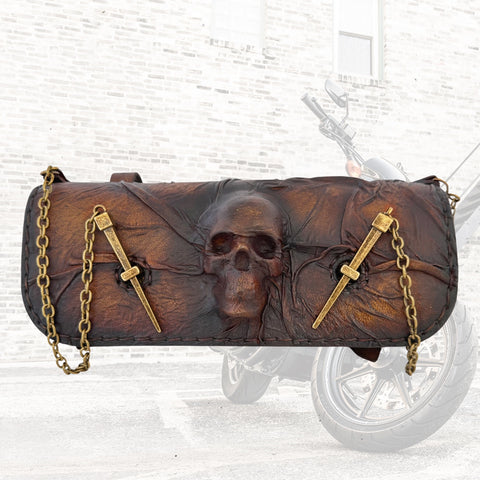 Made To Order-Handcrafted Leather Genuine Rustic Brown Tool Bag With Embossed Skull Design-Harley Davidson and Universal Motorcycle Bag