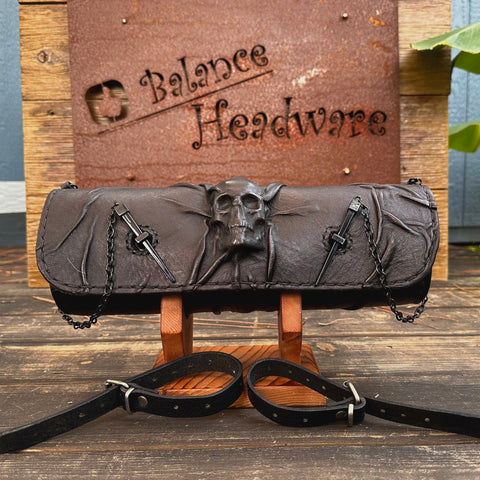 Long Handcrafted Vegetal Leather Black Color Embossed Skull Tool Bag-Motorcycle Harley Davidson-Universal Motorcycle Front Fork Bag