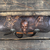 Long Handcrafted Vegetal Leather Rustic Color 3 Embossed Skull Tool Bag-Motorcycle Harley Davidson-Universal Motorcycle Front Fork Bag