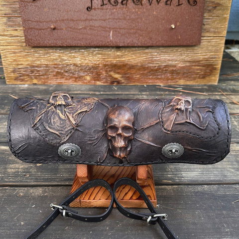 Long Handcrafted Vegetal Leather Rustic Color 3 Embossed Skull Tool Bag-Motorcycle Harley Davidson-Universal Motorcycle Front Fork Bag